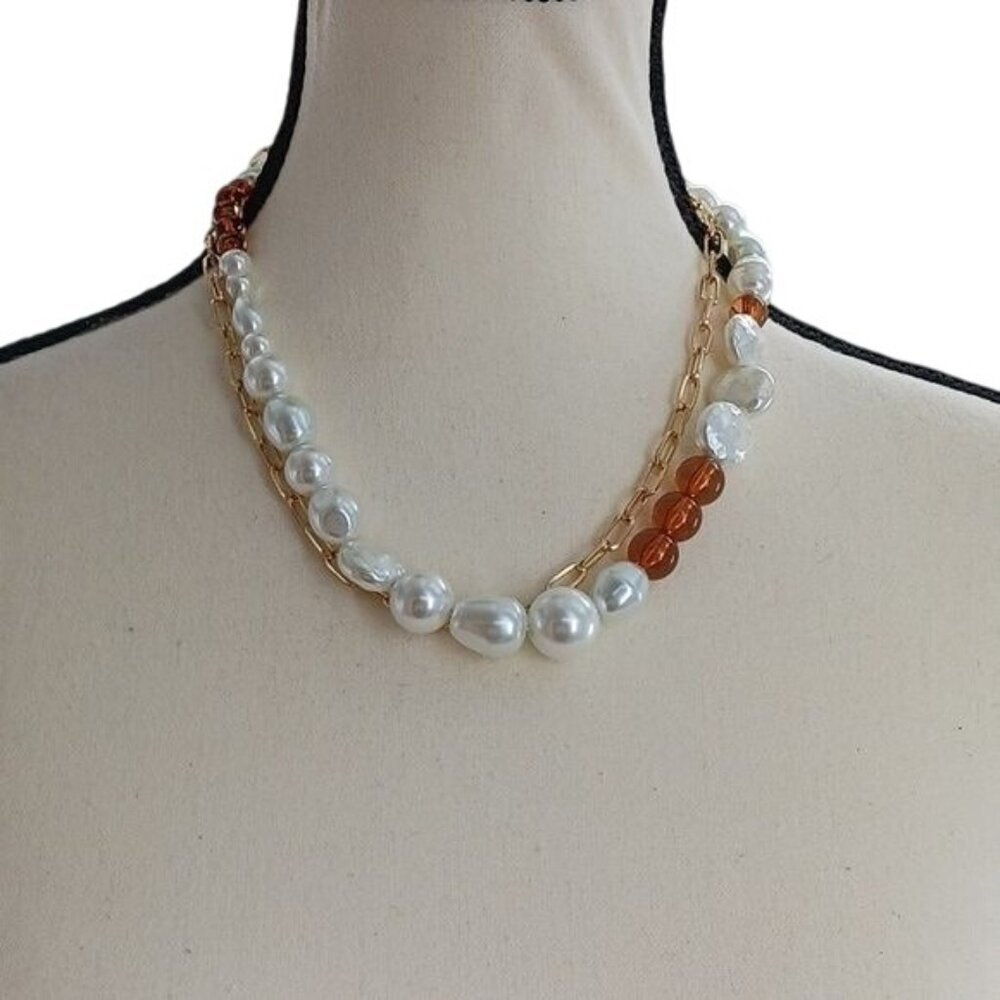 A New Day Gold Pearl Bead Chain Necklace Layered Mixed Metal Statement Jewelry